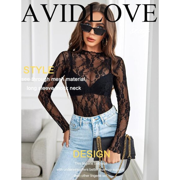 Women's Mesh Top Long Sleeve Sheer Blouse See Through Floral Lace Plus Size - Picture 8 of 8